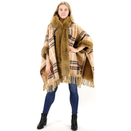 FAUX FUR PLAID PATTERN HOODIE SHAWL P3805