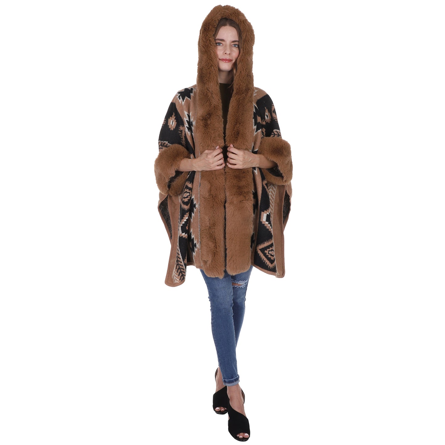 FAUX FUR PATTERN HOODIE SHAWL P3803(3PC)