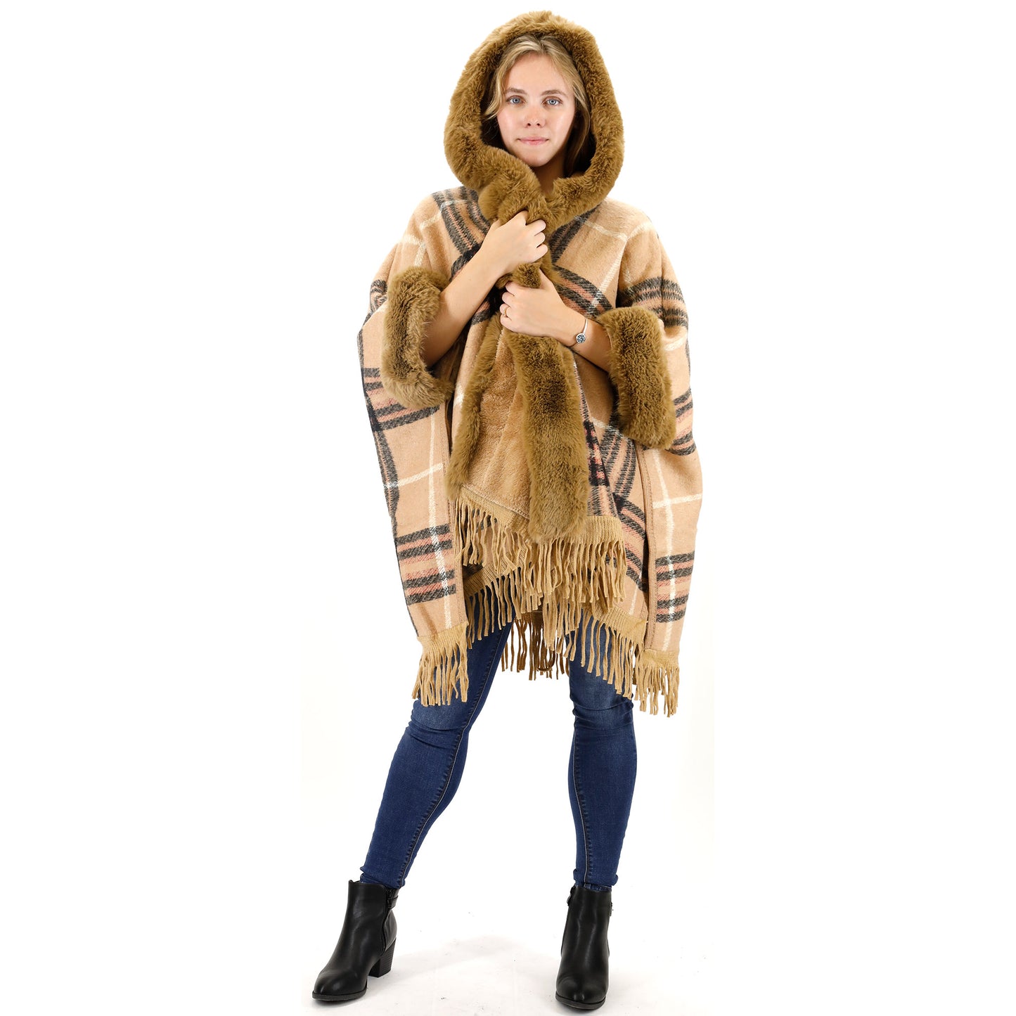 FAUX FUR PLAID PATTERN HOODIE SHAWL P3805