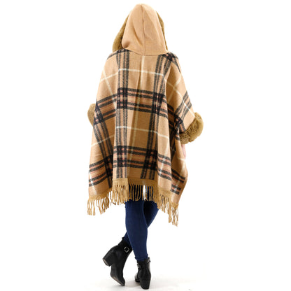 FAUX FUR PLAID PATTERN HOODIE SHAWL P3805