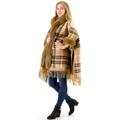 FAUX FUR PLAID PATTERN HOODIE SHAWL P3805