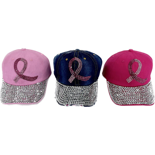 BLIING PINK RIBBON RHINESTONE BASEBALL CAP 3727 (12PC)