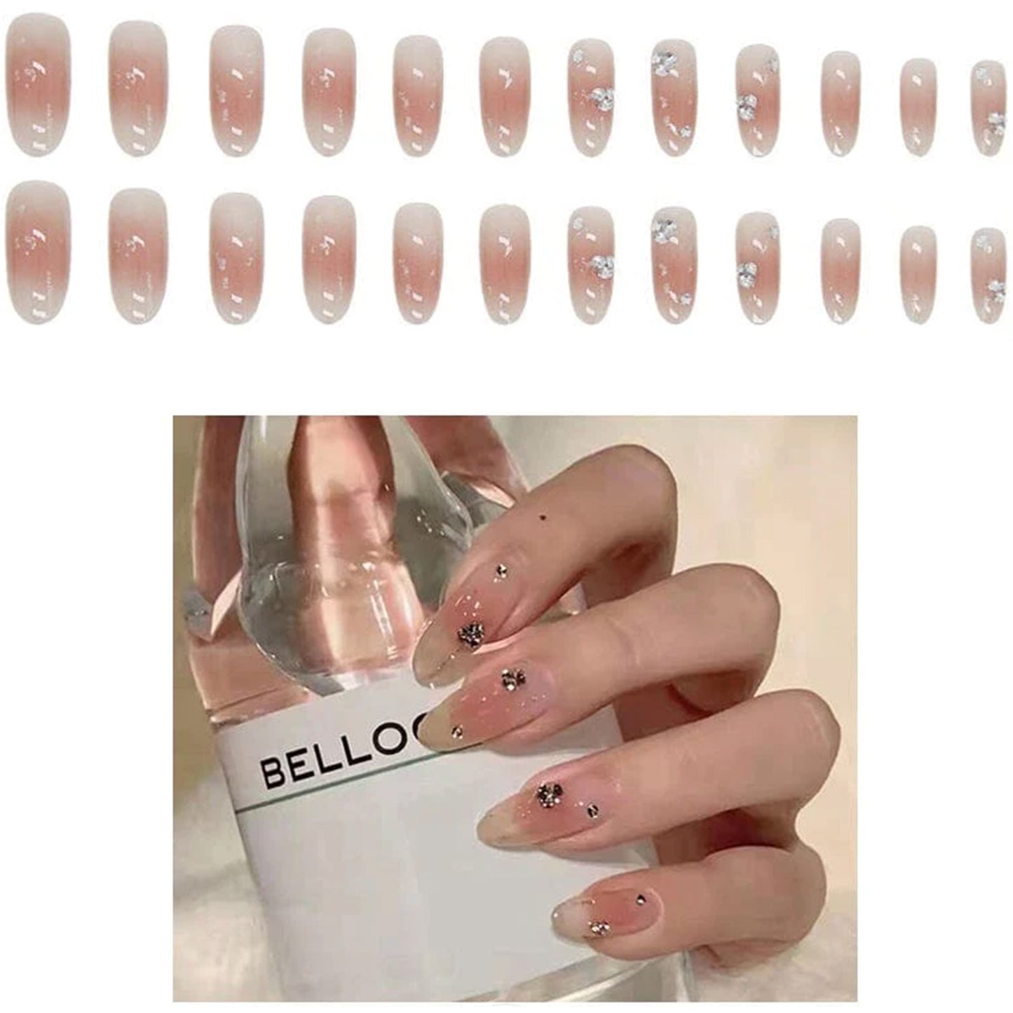 RHINESTONE DECOR ROUNDED FAKE NAIL SET NA1201-75 (12PC)