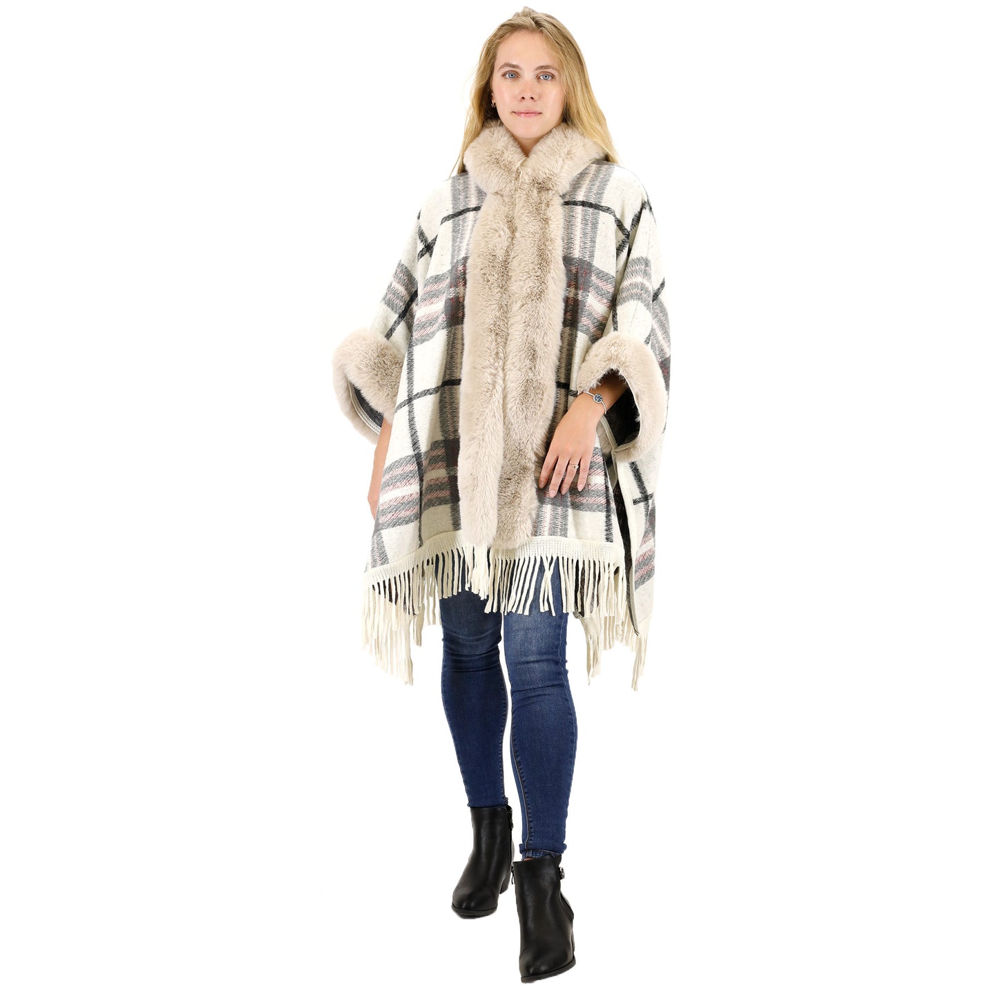 CHECK PATTERN FUR FRINGED SHAWL P177 (6PC)