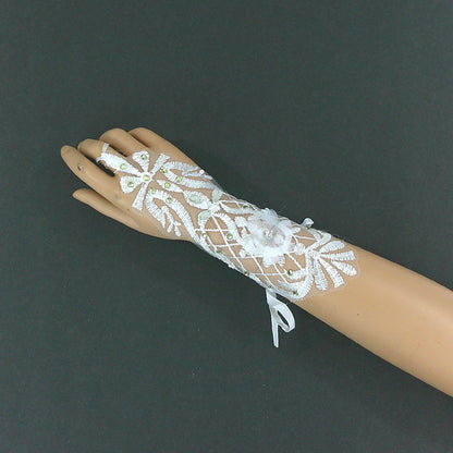 RHINESTONE FLORAL EMBROIDERY LACE FINGERLESS WEDDING GLOVES 142 (6PC)