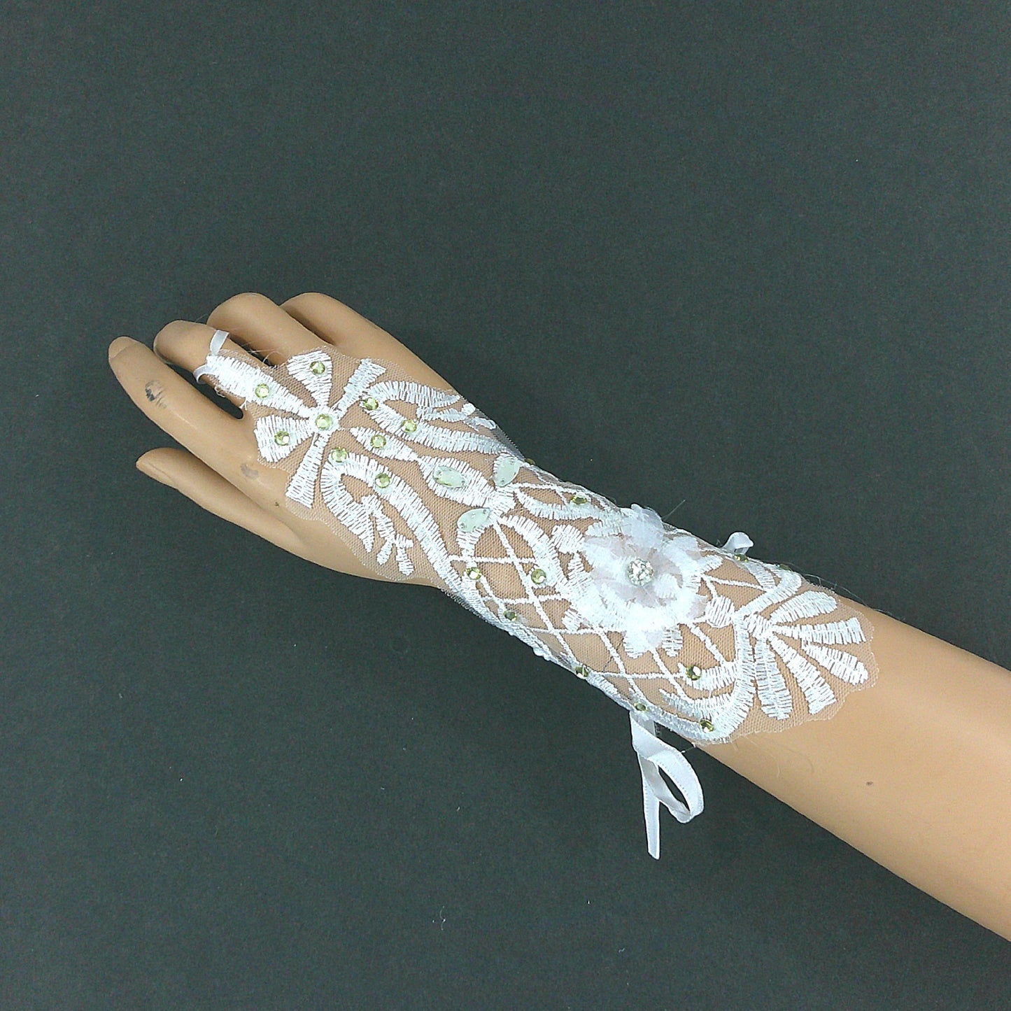 RHINESTONE FLORAL EMBROIDERY LACE FINGERLESS WEDDING GLOVES 142 (6PC)