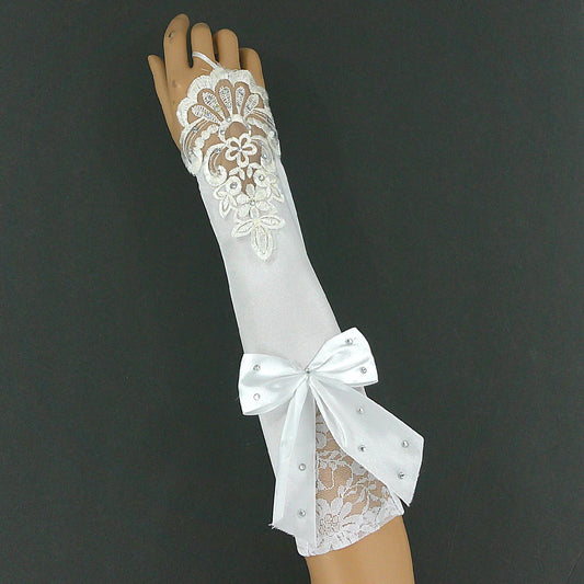 BOW EMBROIDERY LACE FINGERLESS SATIN GLOVES 143 (6PC)