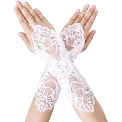 FLORAL EMBROIDERY LACE FINGERLESS WEDDING GLOVES 134 (12PC)