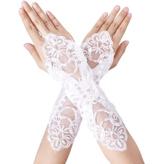 FLORAL EMBROIDERY LACE FINGERLESS WEDDING GLOVES 134 (12PC)