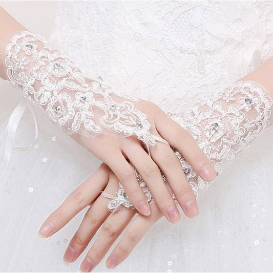 RHINESTONE FLORAL EMBROIDERY LACE FINGERLESS WEDDING GLOVES 136 (12PC)