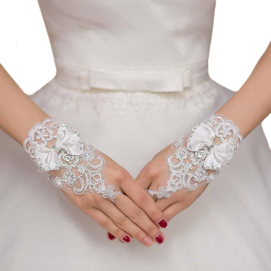 RHINESTONE BOW EMBROIDERY LACE FINGERLESS WEDDING GLOVES 137 (6PC)