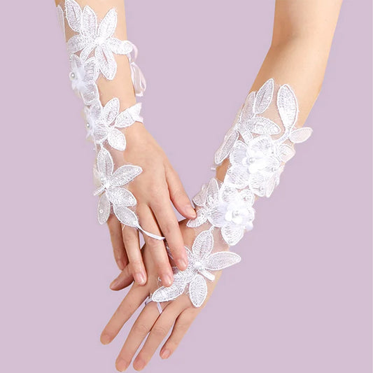 PEARL FLORAL EMBROIDERY LACE FINGERLESS WEDDING GLOVES 138 (6PC)