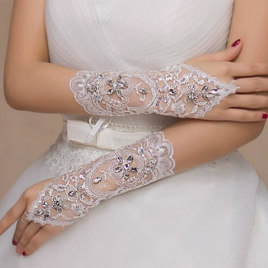 RHINESTONE FLORAL EMBROIDERY LACE FINGERLESS WEDDING GLOVES 139 (6PC)