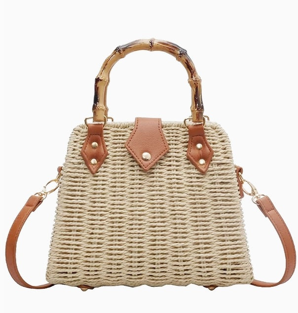 RATTAN BEACH TOTE SHOULDER BAG WITH BAMBOO HANDLE 4225-12 (6PC)