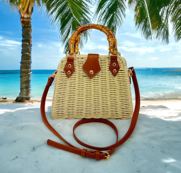 RATTAN BEACH TOTE SHOULDER BAG WITH BAMBOO HANDLE 4225-12 (6PC)