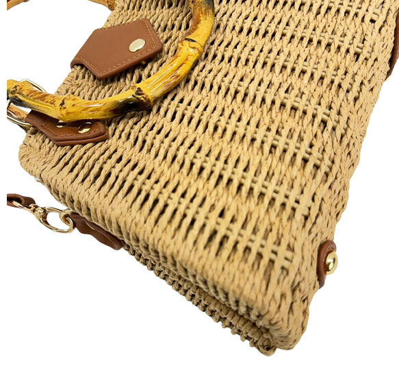 RATTAN BEACH TOTE SHOULDER BAG WITH BAMBOO HANDLE 4225-12 (6PC)