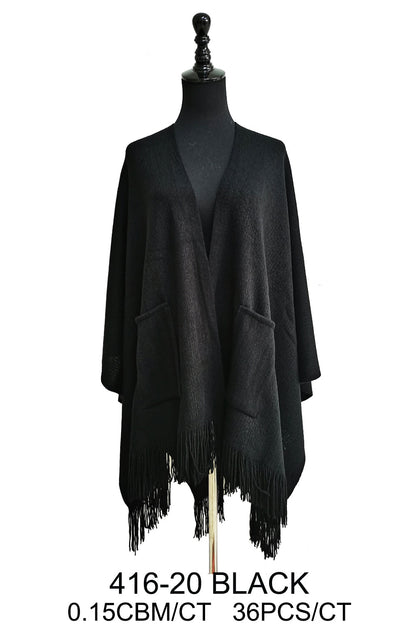 VINTAGE STYLED KNIT FRINGED POCKET SHAWL PO416-20 (4PC)