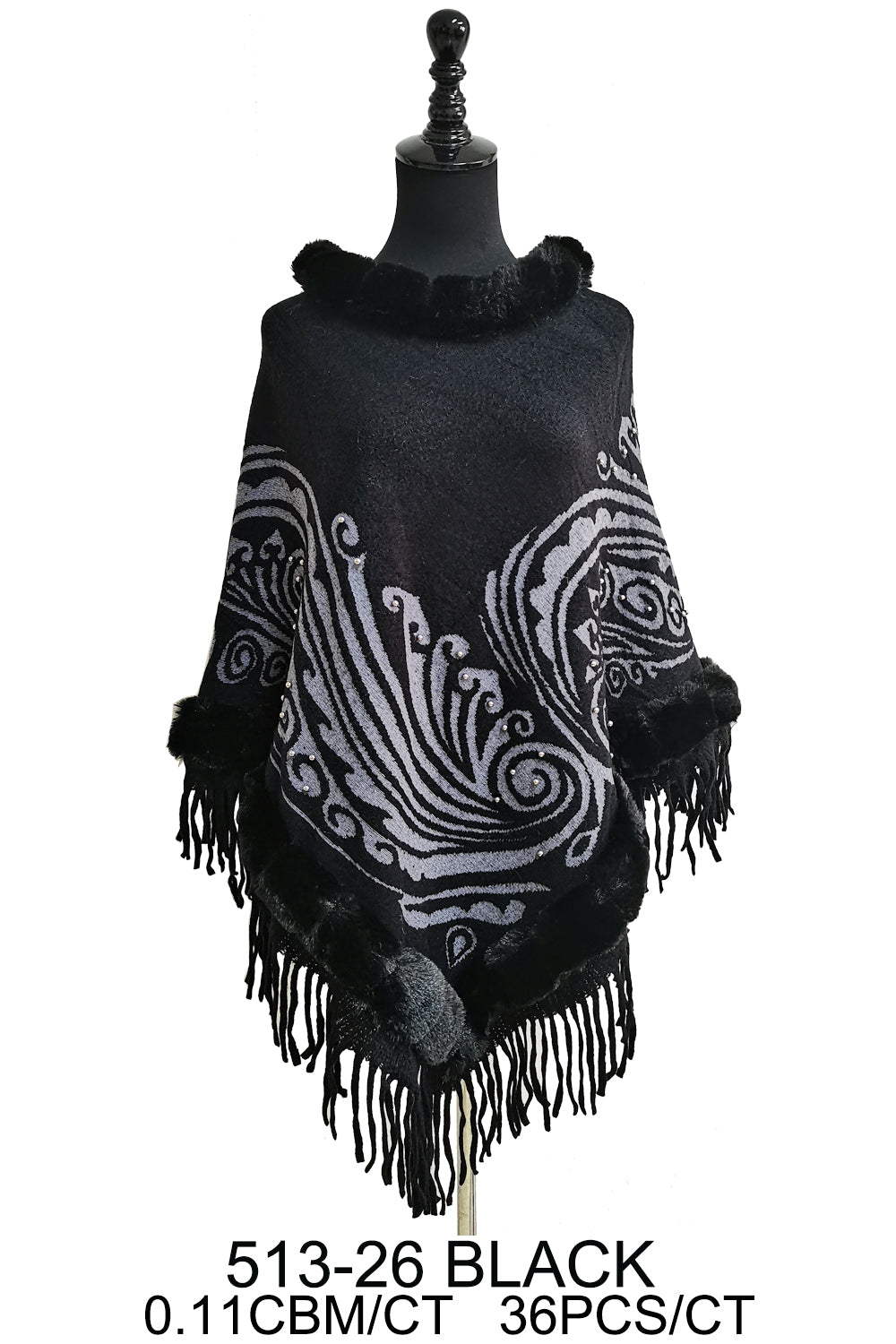 PAISLEY PATTERN FUR FRINGED PONCHO 513-26 (6PC)