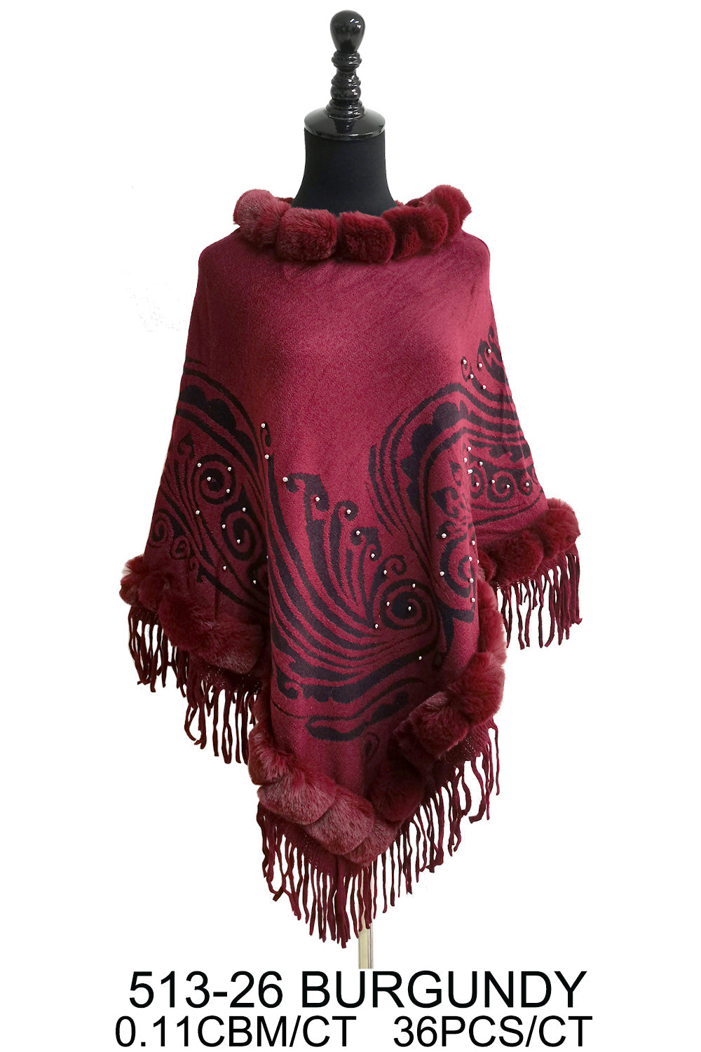 PAISLEY PATTERN FUR FRINGED PONCHO 513-26 (6PC)