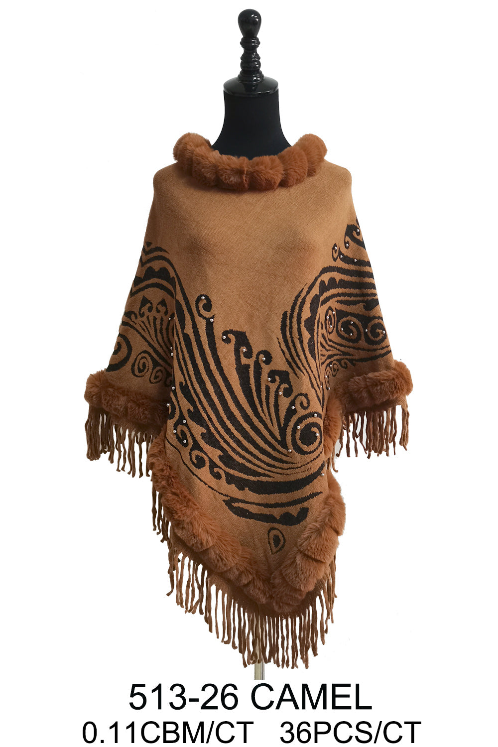 PAISLEY PATTERN FUR FRINGED PONCHO 513-26 (6PC)