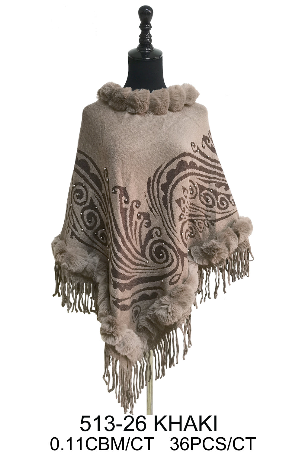 PAISLEY PATTERN FUR FRINGED PONCHO 513-26 (6PC)