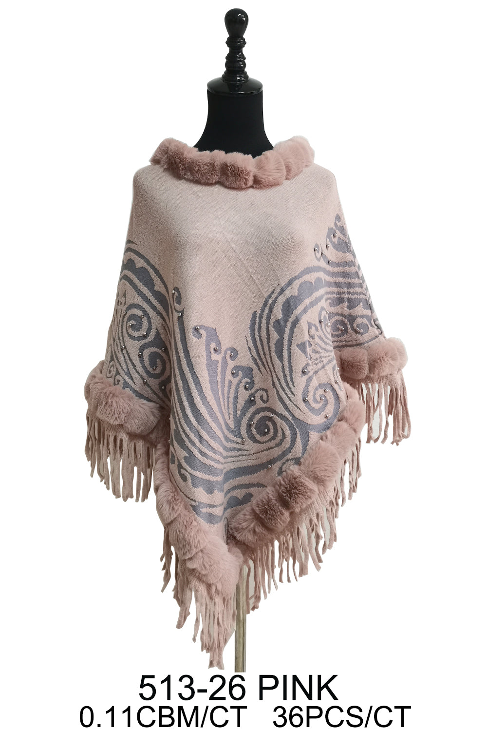 PAISLEY PATTERN FUR FRINGED PONCHO 513-26 (6PC)