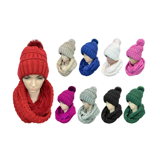 POM POM KNITTED BEANIE AND SCARF SET CP2544 (12PC)