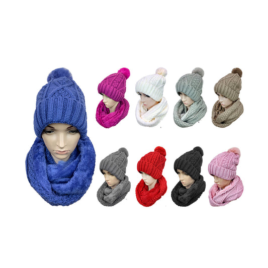 POM POM KNITTED BEANIE AND SCARF SET CP2545 (12PC)