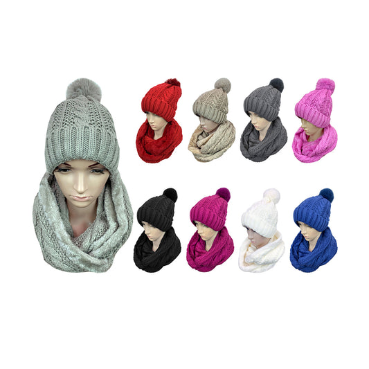 POM POM KNITTED BEANIE AND SCARF SET CP2546 (12PC)