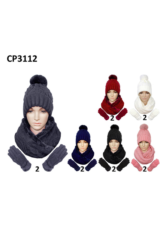 POM POM KNITTED BEANIE SCARF GLOVE 3 SET 3112 (12PC)