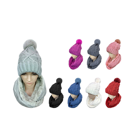 POM POM KNITTED BEANIE AND SCARF SET CP3348 (12PC)