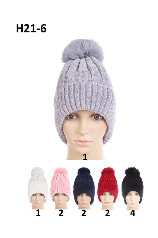 POM POM KNITTED BEANIE H21-6 (12PC)