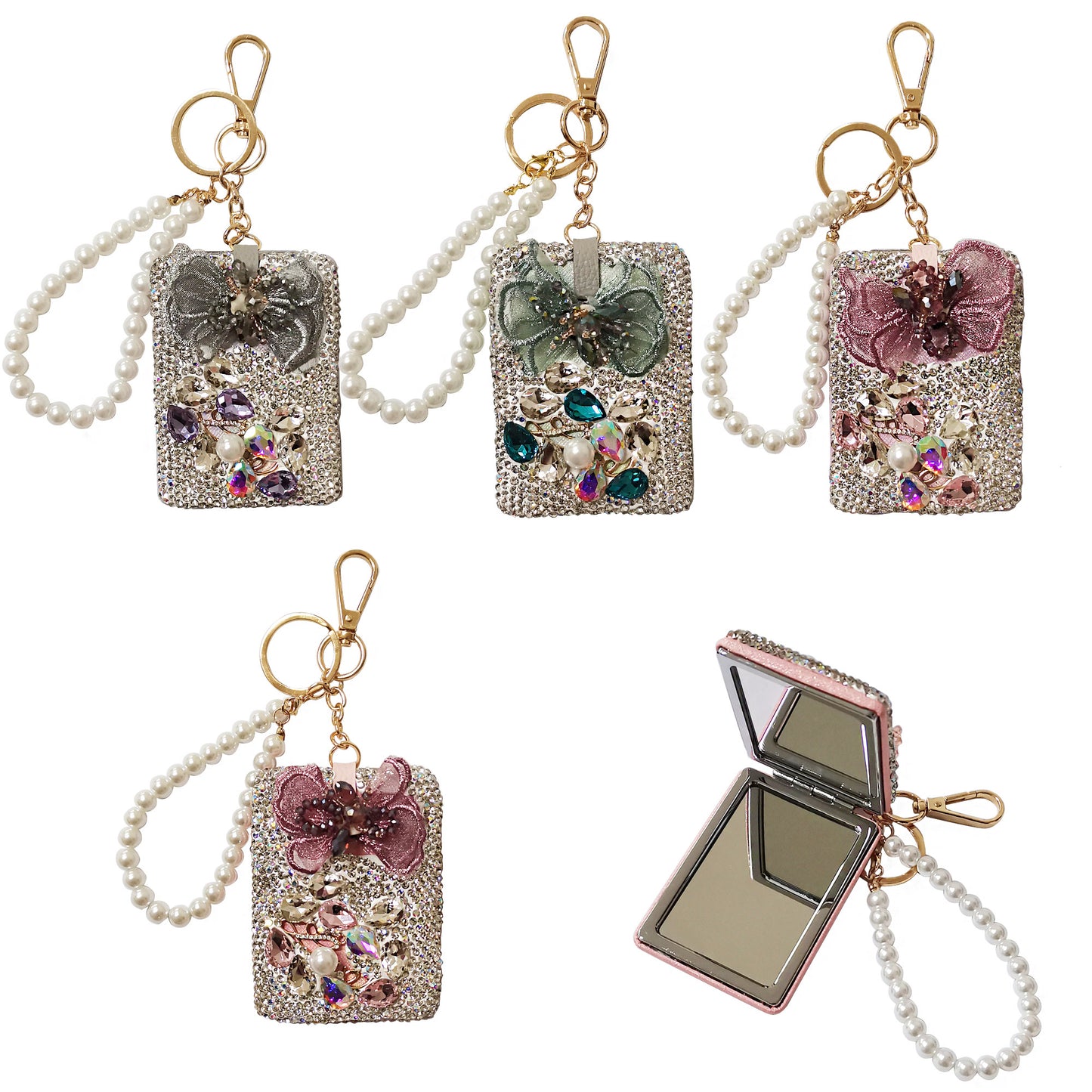 CRYSTAL FLOWER PEARL STRAP MIRROR KEY CHAIN KC3222-40 (6PC)