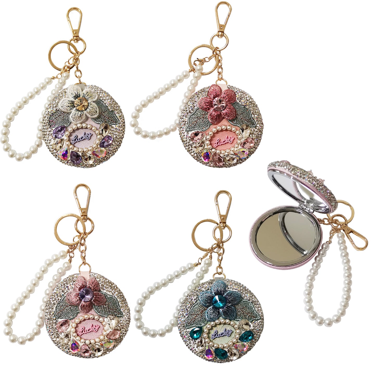 CRYSTAL FLOWER PEARL STRAP MIRROR KEY CHAIN KC3222-41 (6PC)