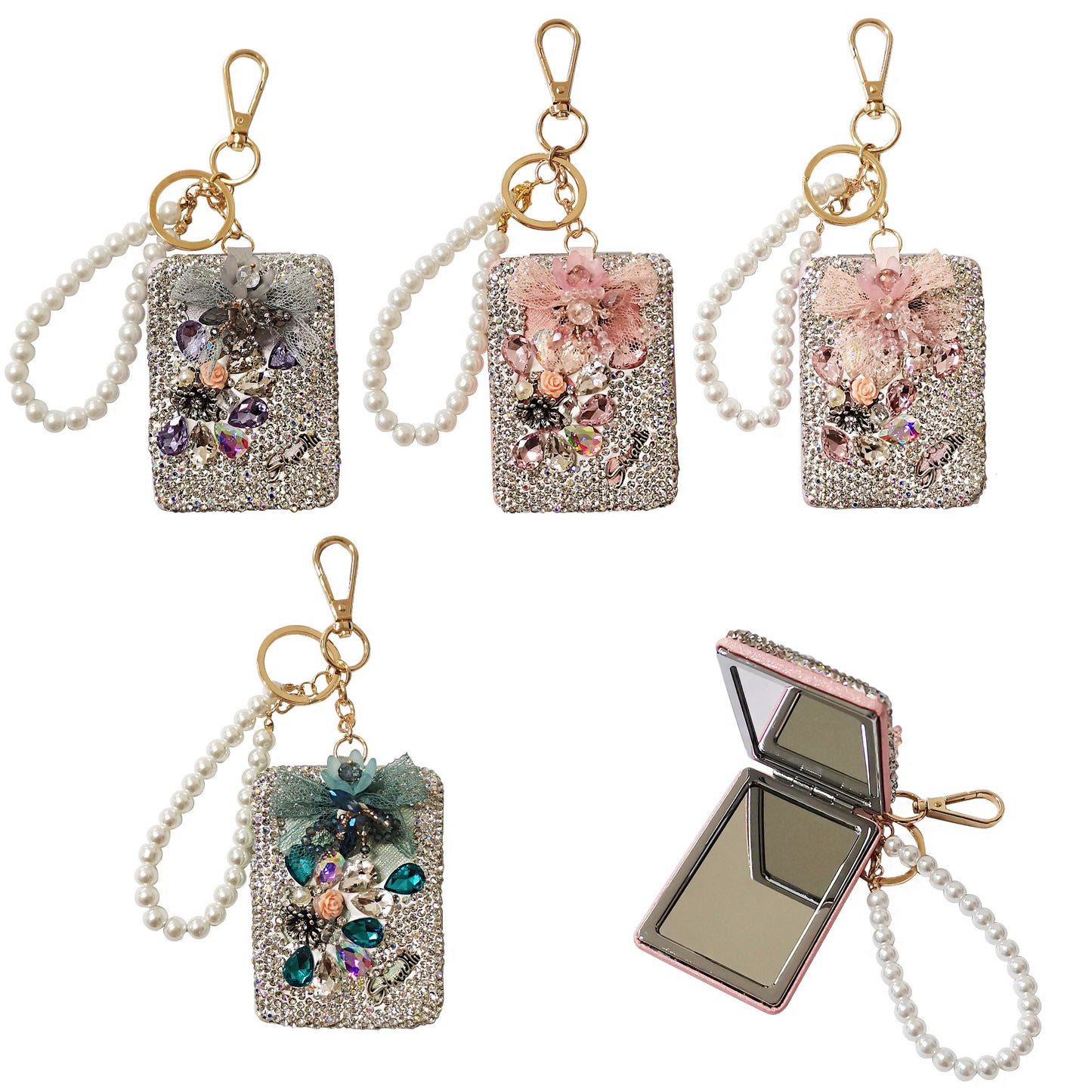 CRYSTAL FLOWER PEARL STRAP MIRROR KEY CHAIN KC3222-45 (12PC)