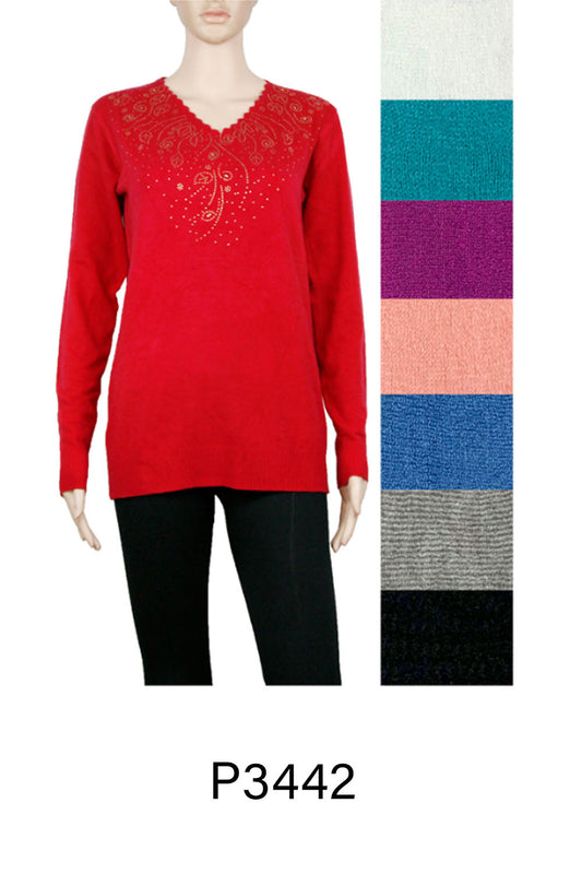 KNITTED RHINESTONE DECOR V NECK SWEATER 3442 (12PC)