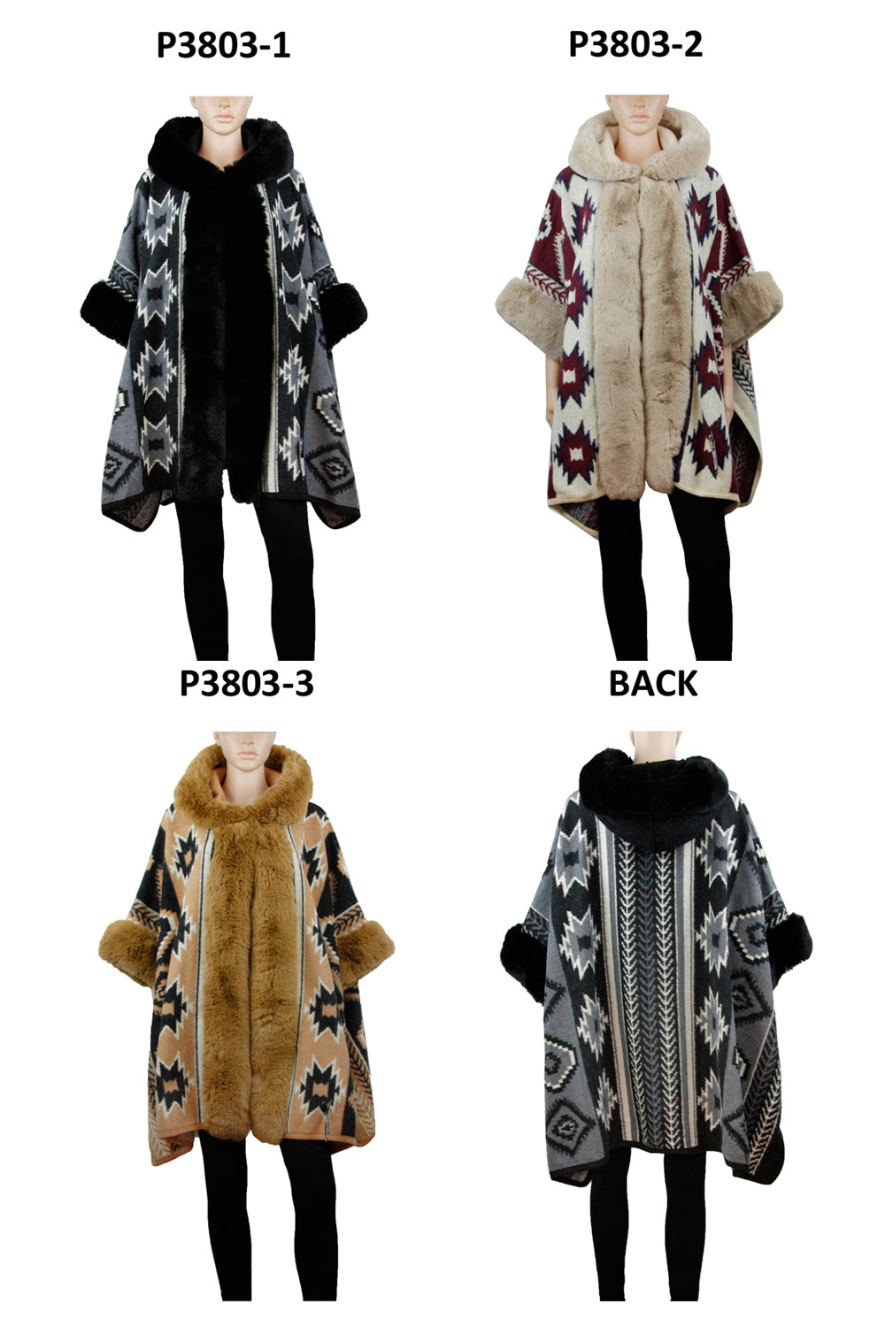 FAUX FUR PATTERN HOODIE SHAWL P3803(3PC)