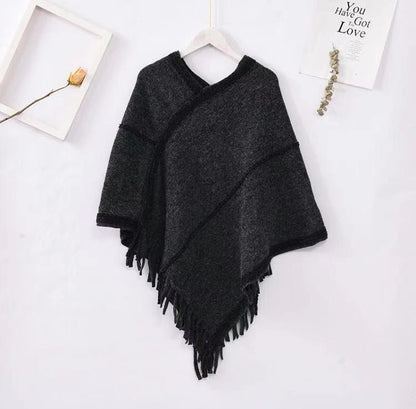 SIMPLE KNIT FRINGED PONCHO PC216(3PC)