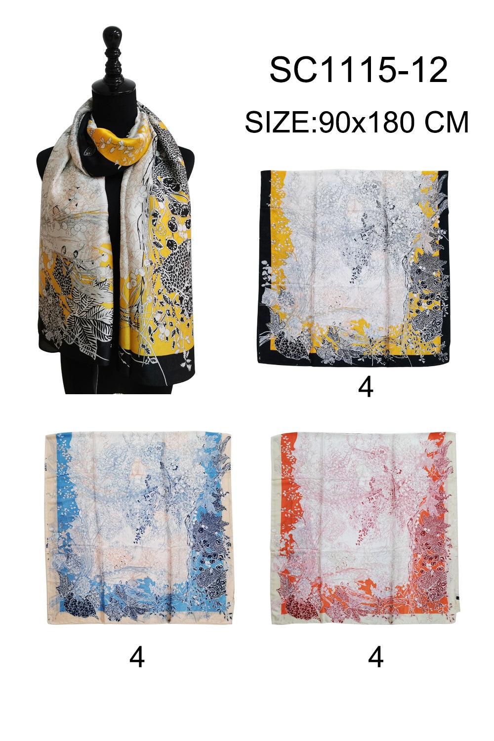 SILKY SCARF FLOWER PATTERN 1115-12 (12PC)