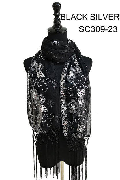 SEQUIN FLOWERFRINGED SCARF 309-A (12pc)