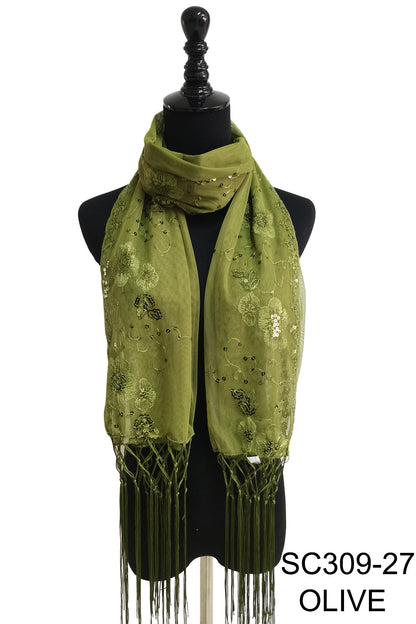 SEQUIN FLOWERFRINGED SCARF 309-A (12pc)