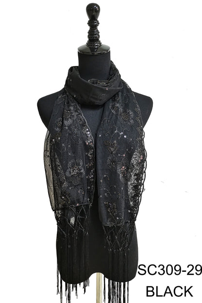 SEQUIN FLOWERFRINGED SCARF 309-A (12pc)