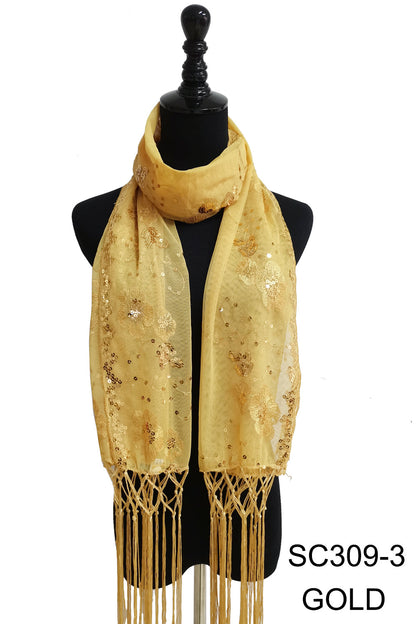 SEQUIN FLOWERFRINGED SCARF 309-A (12pc)