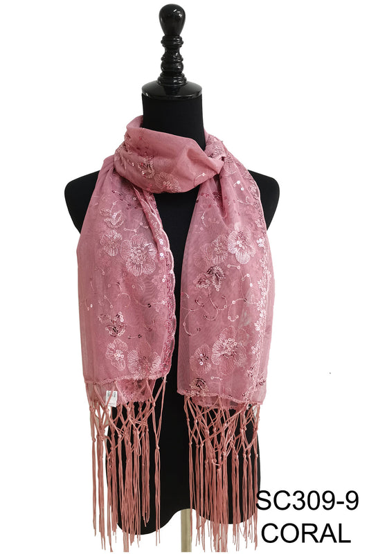 SEQUIN FLOWERFRINGED SCARF 309-A (12pc)