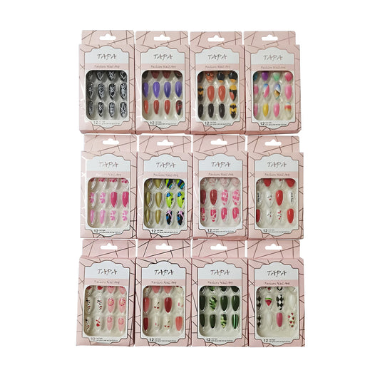 MULTI DESIGN ALMOND FAKE NAIL SET SS1112-40 (12PC)